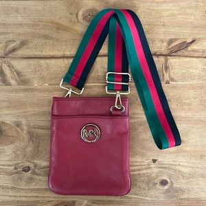 Michael Kors Red Leather Crossbody Purse Snap Closure Canvas Strap